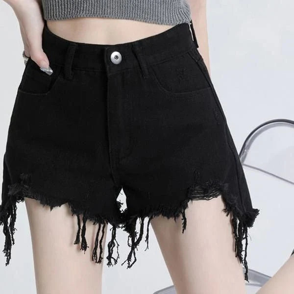 High-waisted black denim shorts with stylish button detailing, designed for the contemporary Kiwi woman