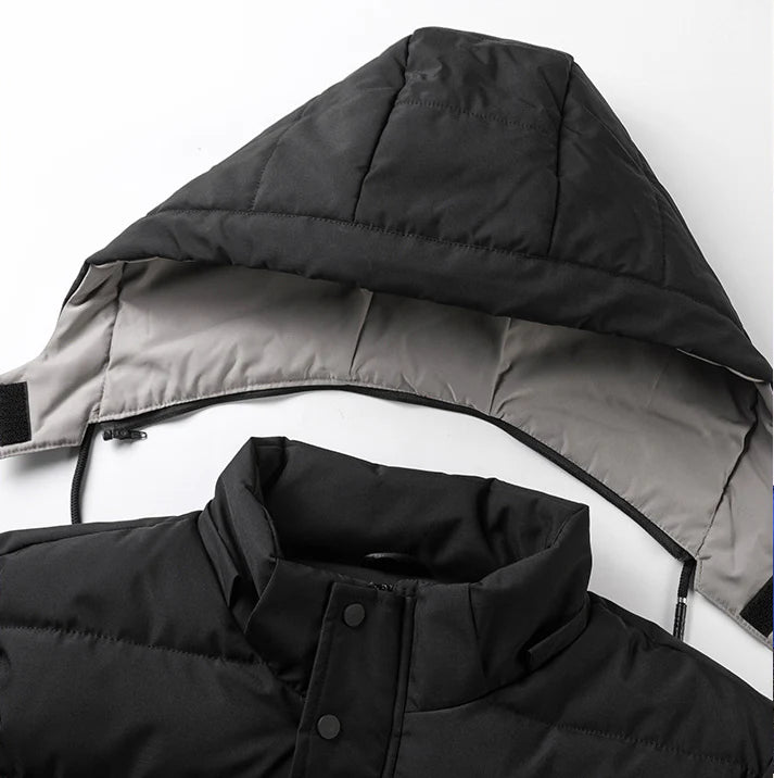 Premium men's hooded jacket with fleece lining, detachable hood, and side pockets for warmth and versatility in New Zealand winters