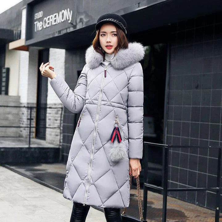 Shopfluxpro NZ Stylish Long Knee-Length Down Jacket with Luxurious Fur Collar