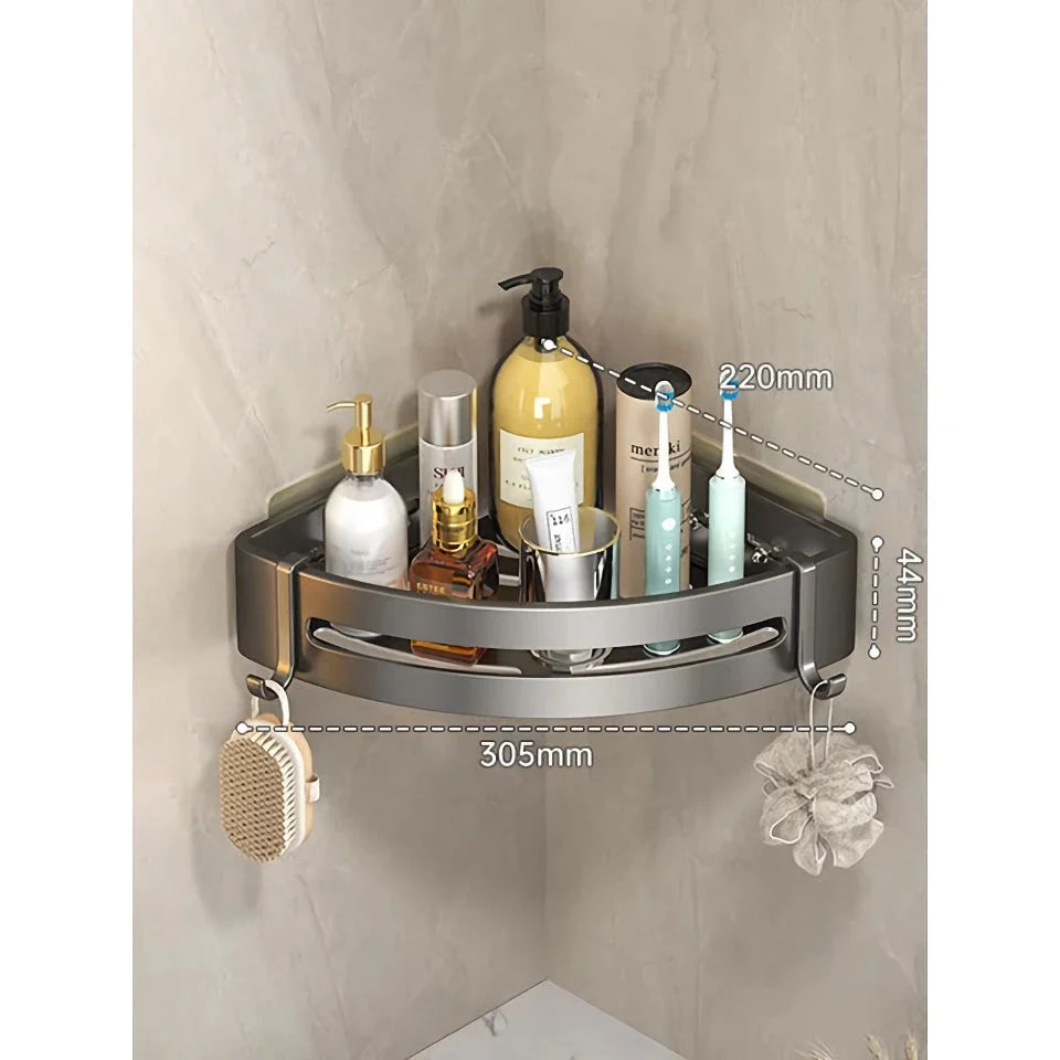 Adhesive Bathroom Shampoo Holder with dual-tier shelves in sleek grey aluminium alloy