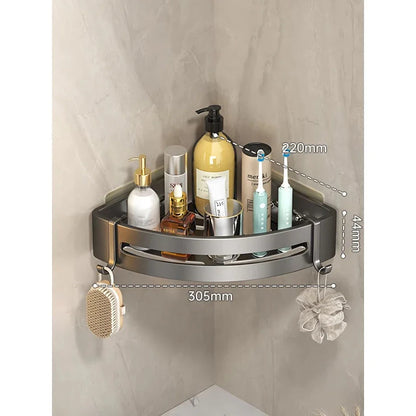 Adhesive Bathroom Shampoo Holder with dual-tier shelves in sleek grey aluminium alloy