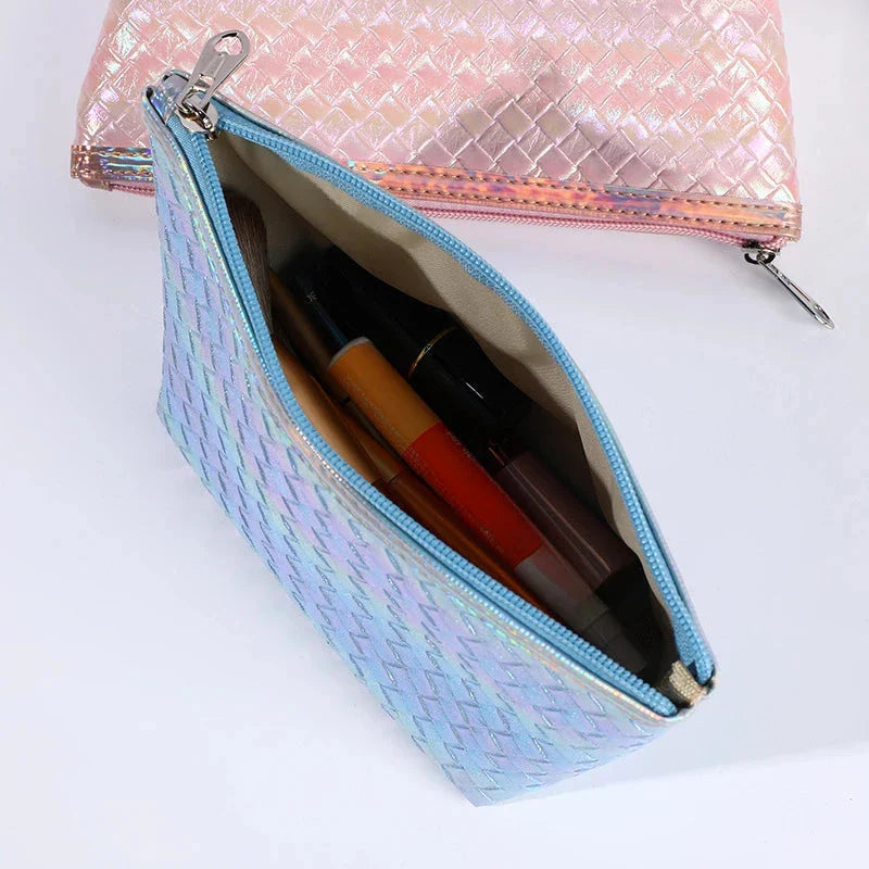 Stylish and spacious leather travel cosmetic bag with paillette pattern, perfect for Kiwi women on the go