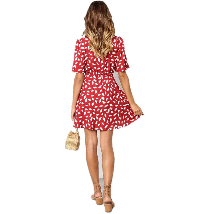 Sophisticated printed button lace summer beach dress in a relaxed, flowy silhouette