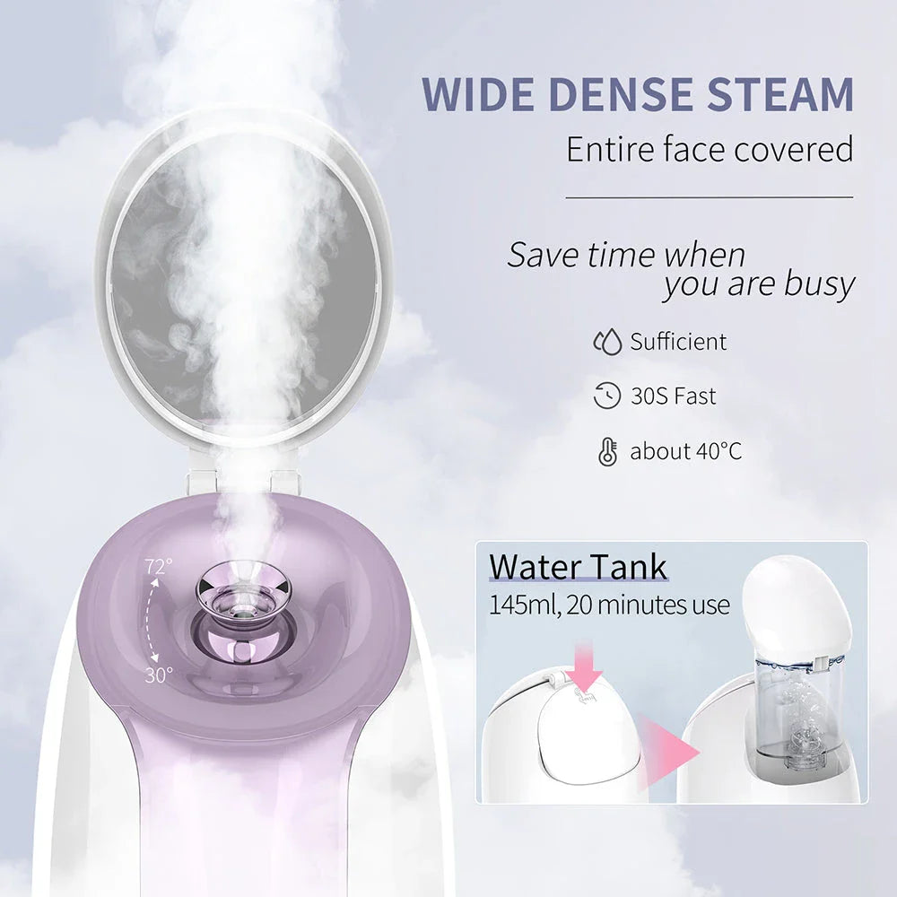 Trendha's Advanced Nano Steam Facial Sprayer with adjustable nozzle, built-in mirror, and 20-minute continuous steam for professional-grade skincare at home.