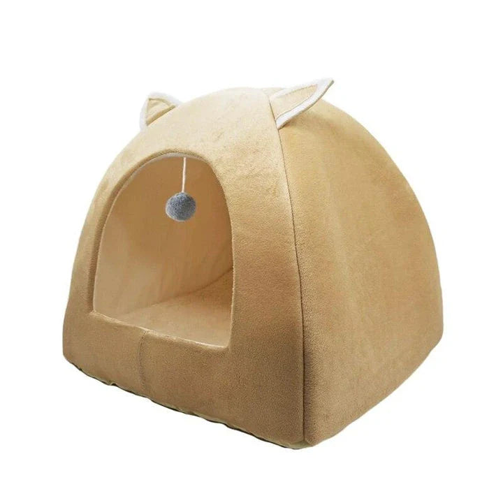 Cosy and foldable cat bed with interactive ball toy, available in a range of stylish colours to match your home decor