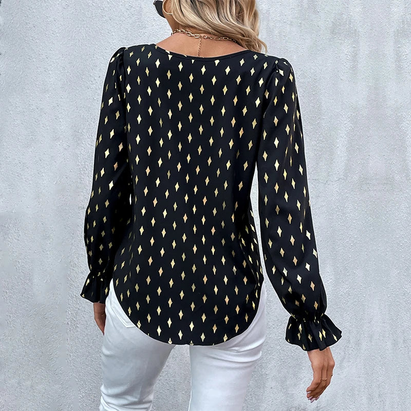 Stylish long-sleeved shirt for Kiwi women featuring a gold-plated pattern and premium polyester construction