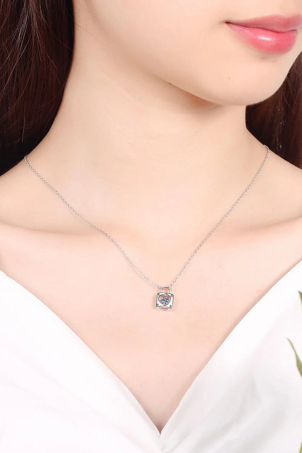 Elegant Moissanite Lock Pendant Necklace with 925 sterling silver, moissanite centre stone, and zircon accents