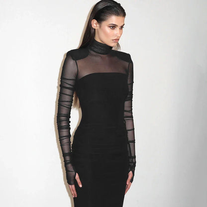 Elegant turtleneck dress with mesh stitching details, slim-fit silhouette, and long sleeves