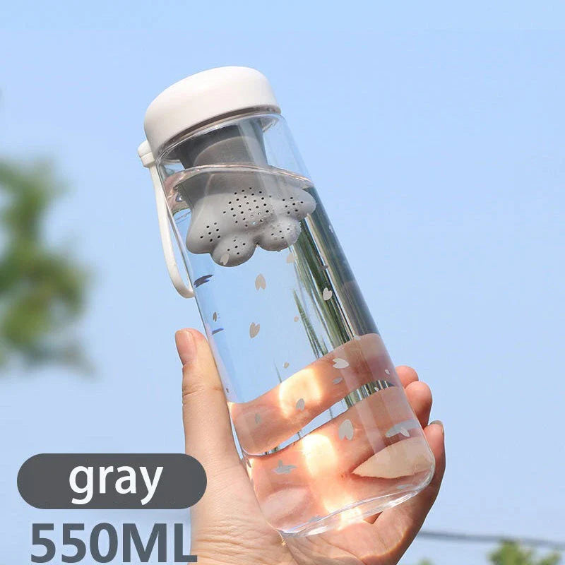 Cute cat's claw design plastic water bottle in gray color, perfect for staying hydrated on the go