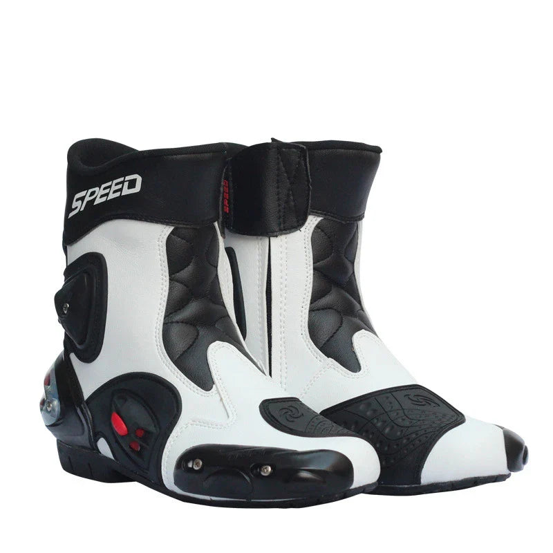 Motorcycle riding boots with reinforced toe and heel, slip-resistant construction, and adjustable straps for a secure fit