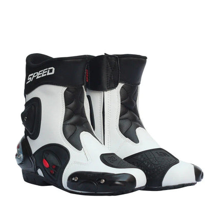 Motorcycle riding boots with reinforced toe and heel, slip-resistant construction, and adjustable straps for a secure fit