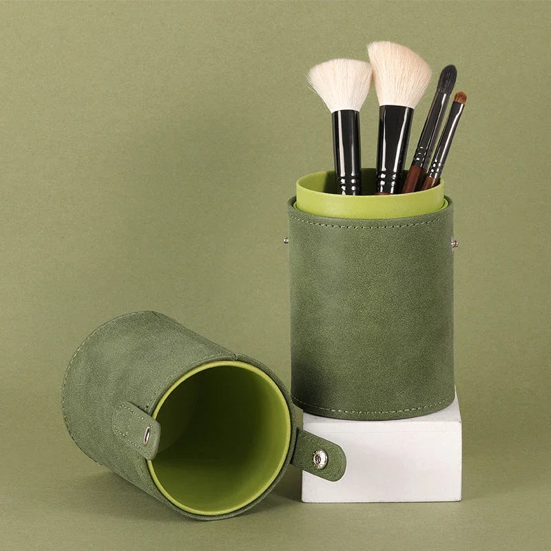 Stylish green makeup brush holder organiser with compact and waterproof design for tidy and travel-ready beauty essentials