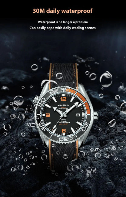 Stylish silver mechanical watch with luminous hands and indices, transparent bottom, and orange accent circle