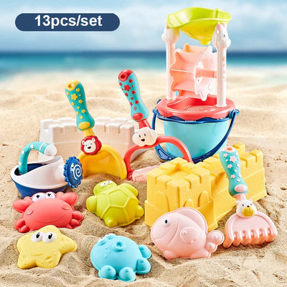 Colorful beach toy set with shovels, sand molds, and a convenient carry bag for outdoor fun