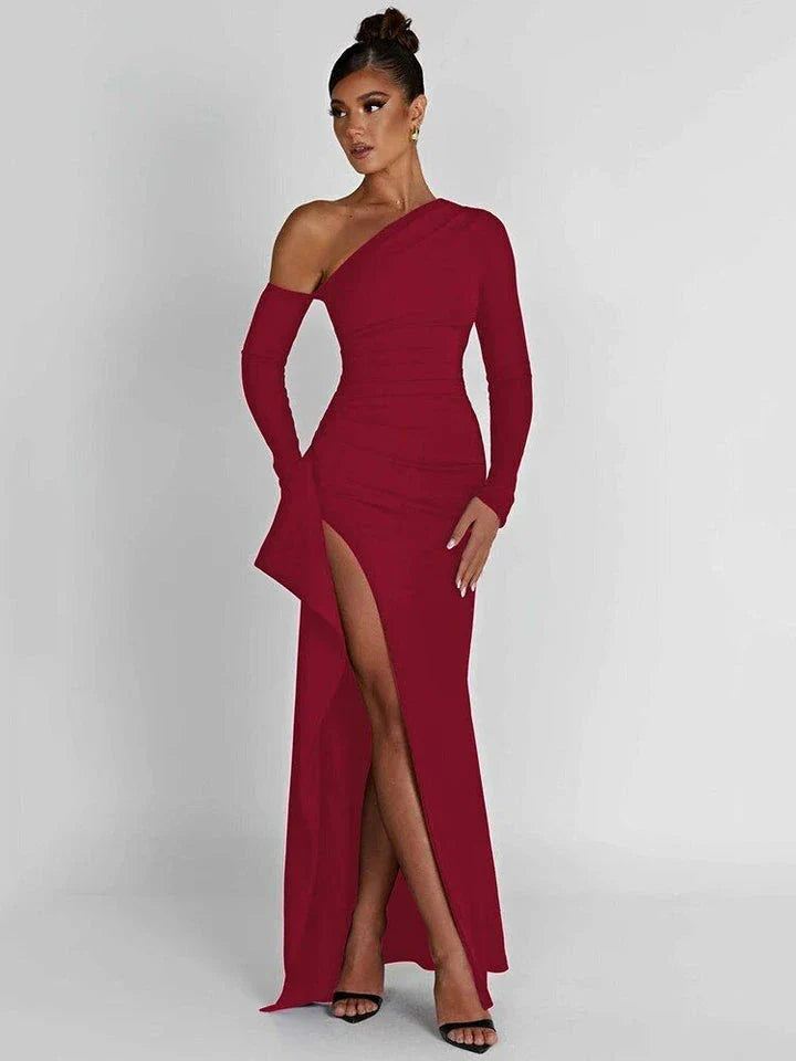 Elegant oblique shoulder maxi dress with backless design and thigh-high split for upscale evening events