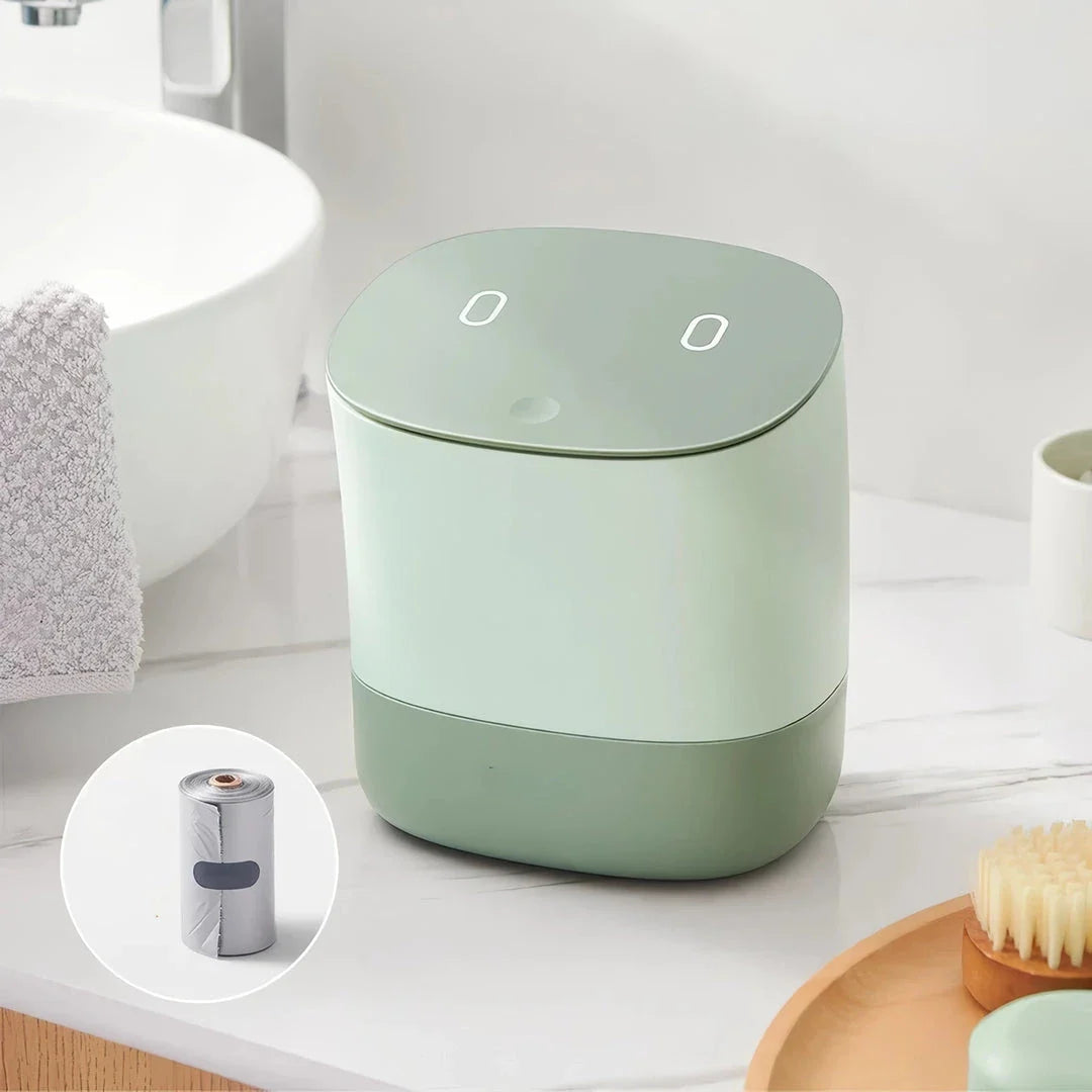 Compact desktop waste bin in green with sleek, minimalist design for tidy Kiwi workspace