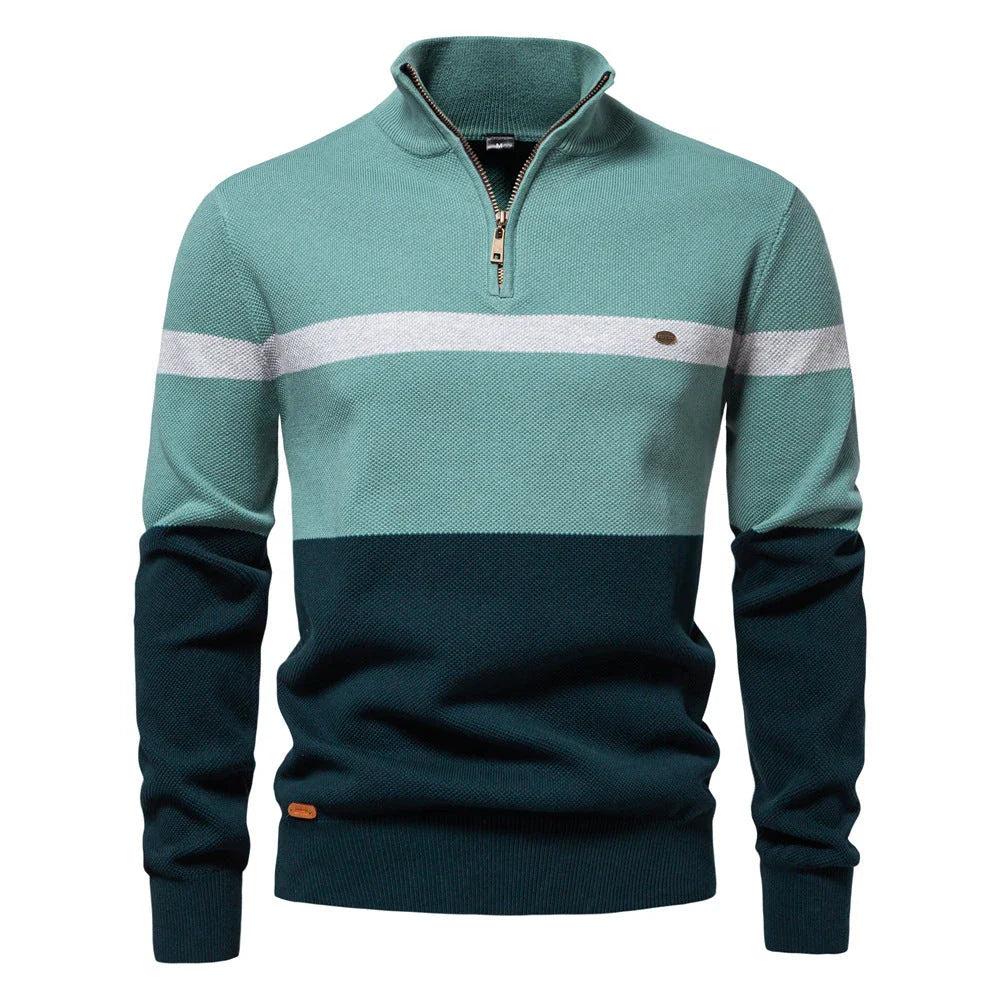 A stylish, slim-fit sweater in a modern colour-blocking design of Lake Green, White, and Grey, made with premium cotton for exceptional comfort and New Zealand casual style.