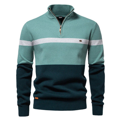 A stylish, slim-fit sweater in a modern colour-blocking design of Lake Green, White, and Grey, made with premium cotton for exceptional comfort and New Zealand casual style.