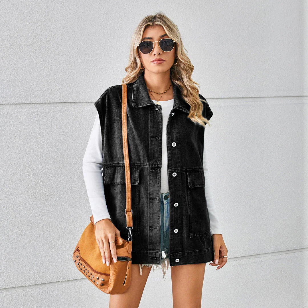Trendha Denim Vest with Big Pockets - A stylish and functional sleeveless outwear piece for Kiwi women