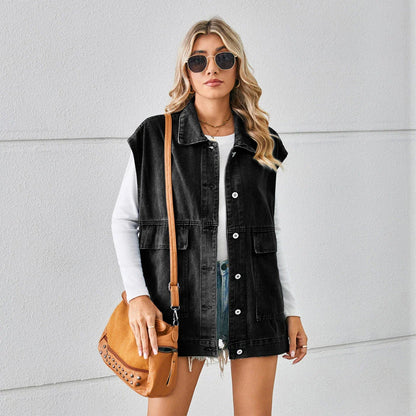 Trendha Denim Vest with Big Pockets - A stylish and functional sleeveless outwear piece for Kiwi women