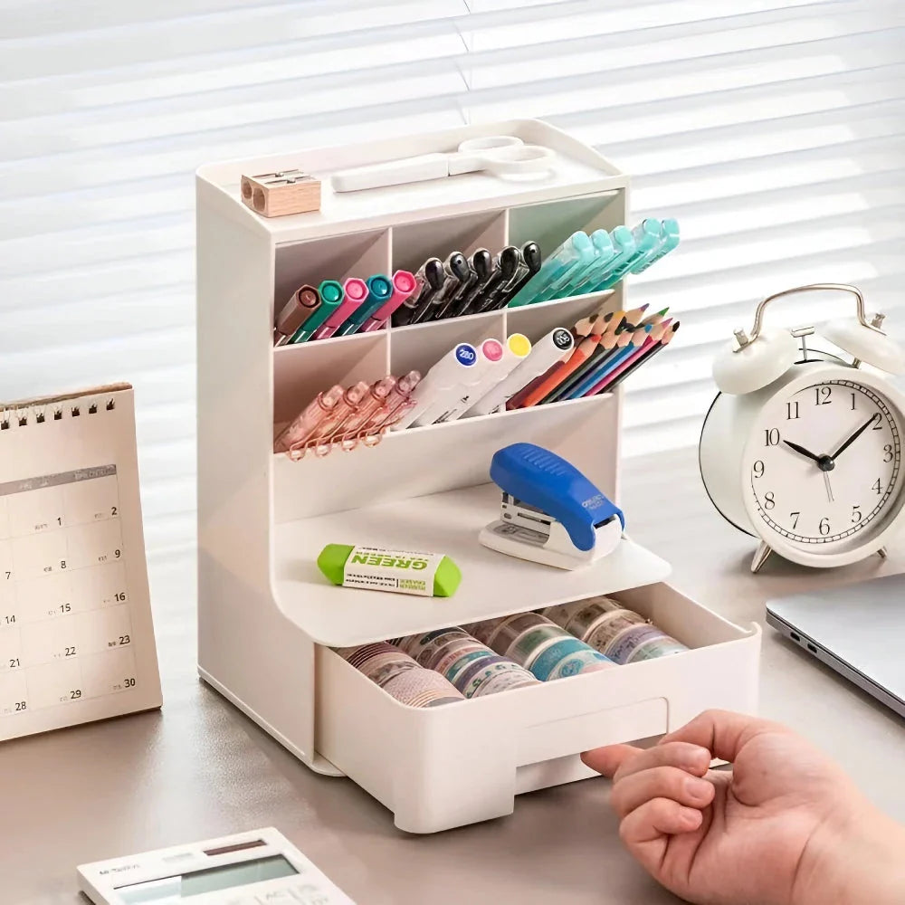 Stylish white desk organiser with compartments for pens, pencils, and other stationery items