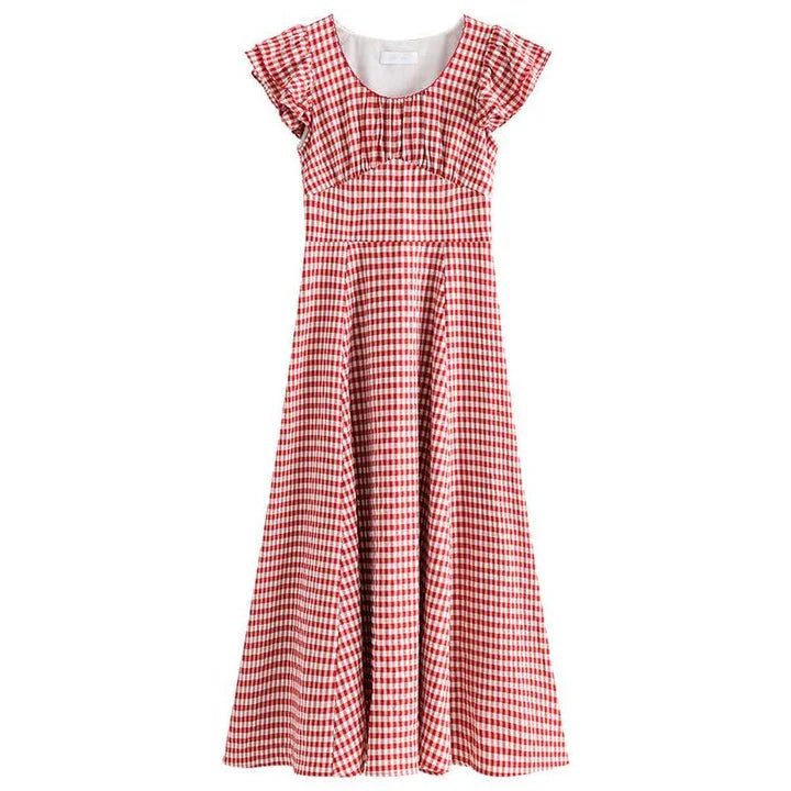 Elegant red plaid summer dress with flattering empire waistline and petal sleeves, perfect for Kiwi summer occasions