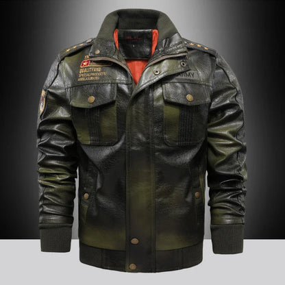 Premium PU leather jacket with stand-up collar and slim fit, available in brown, black, and army green colours