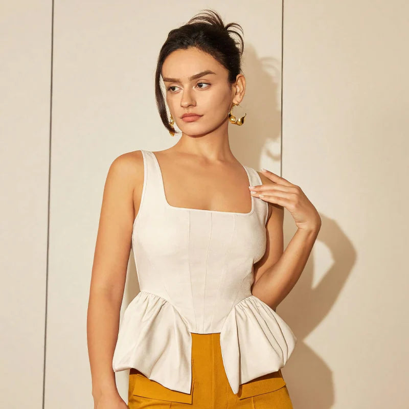 Chic square neck asymmetric hem top in beige, featuring a refined neckline and contemporary silhouette for effortless elegance