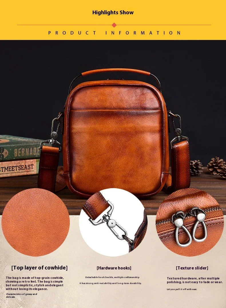 A rugged, retro-inspired cowhide messenger bag made in New Zealand, featuring a spacious interior, multiple pockets, and a comfortable single strap design.