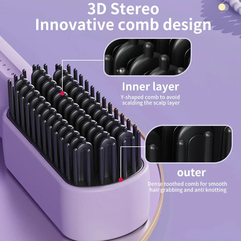 Portable Heating Comb Straightener with durable acrylic construction, FDA-approved materials, and wireless charging for Kiwis on the go