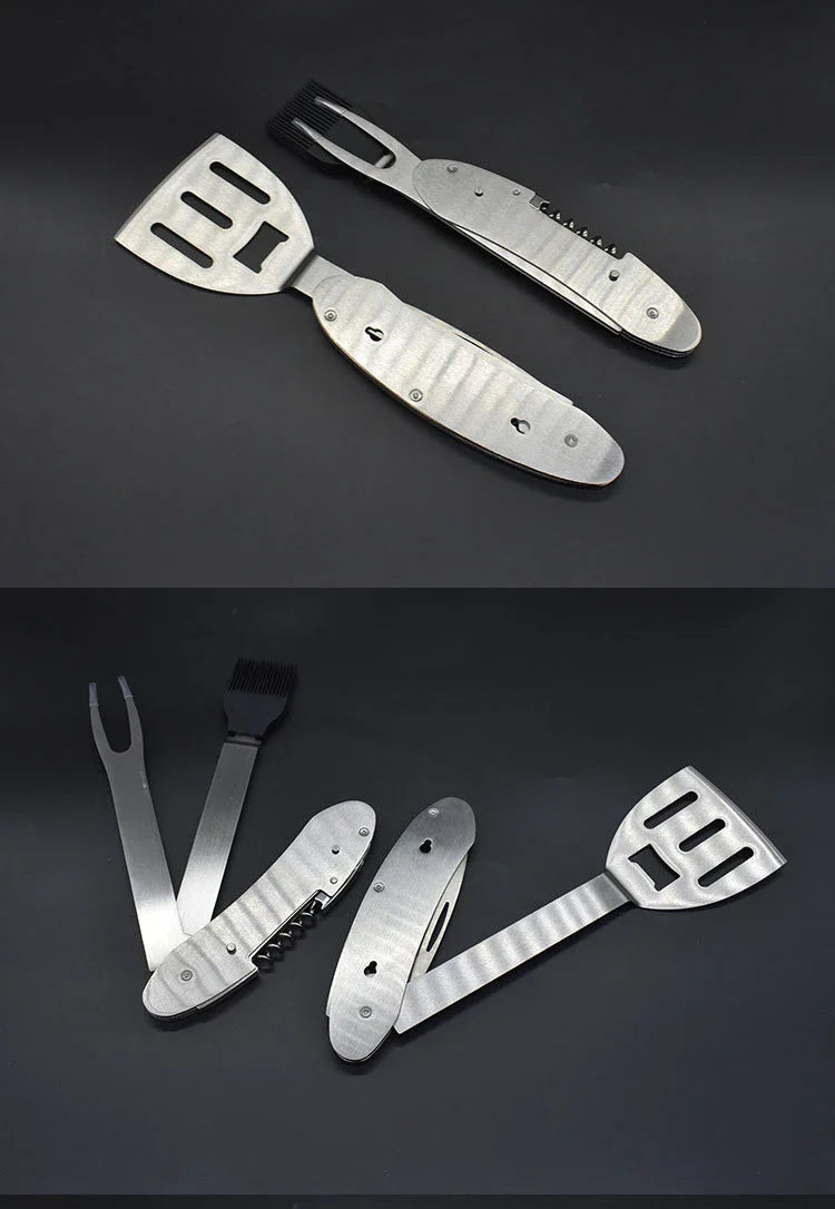 A versatile 5-in-1 stainless steel BBQ grilling tool with various attachments for flipping burgers, searing steaks, and skewering veggies.