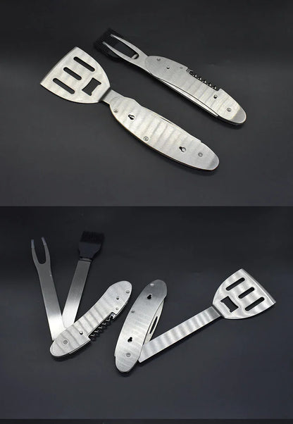 A versatile 5-in-1 stainless steel BBQ grilling tool with various attachments for flipping burgers, searing steaks, and skewering veggies.