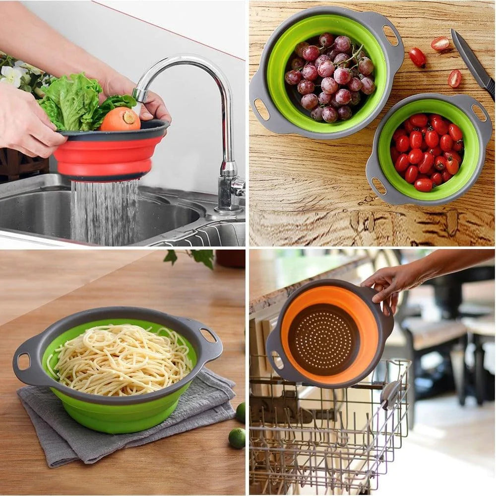 Folding Silicone Colander for Kiwi kitchens, available in large and small sizes, featuring a durable, flexible, and space-saving design.