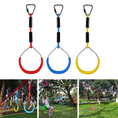 Adjustable Gymnastic Ring Swing for outdoor play and fitness, featuring vibrant colours and a durable, weatherproof design.