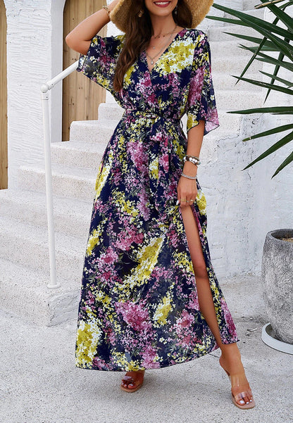 Stylish V-Neck Printed Dress with Cinched Waist, Ankle-Length, and Versatile Design