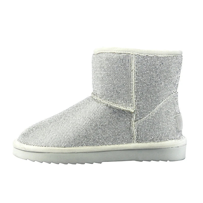 Women's rhinestone-embellished snow boots with durable rubber sole for superior traction and warmth