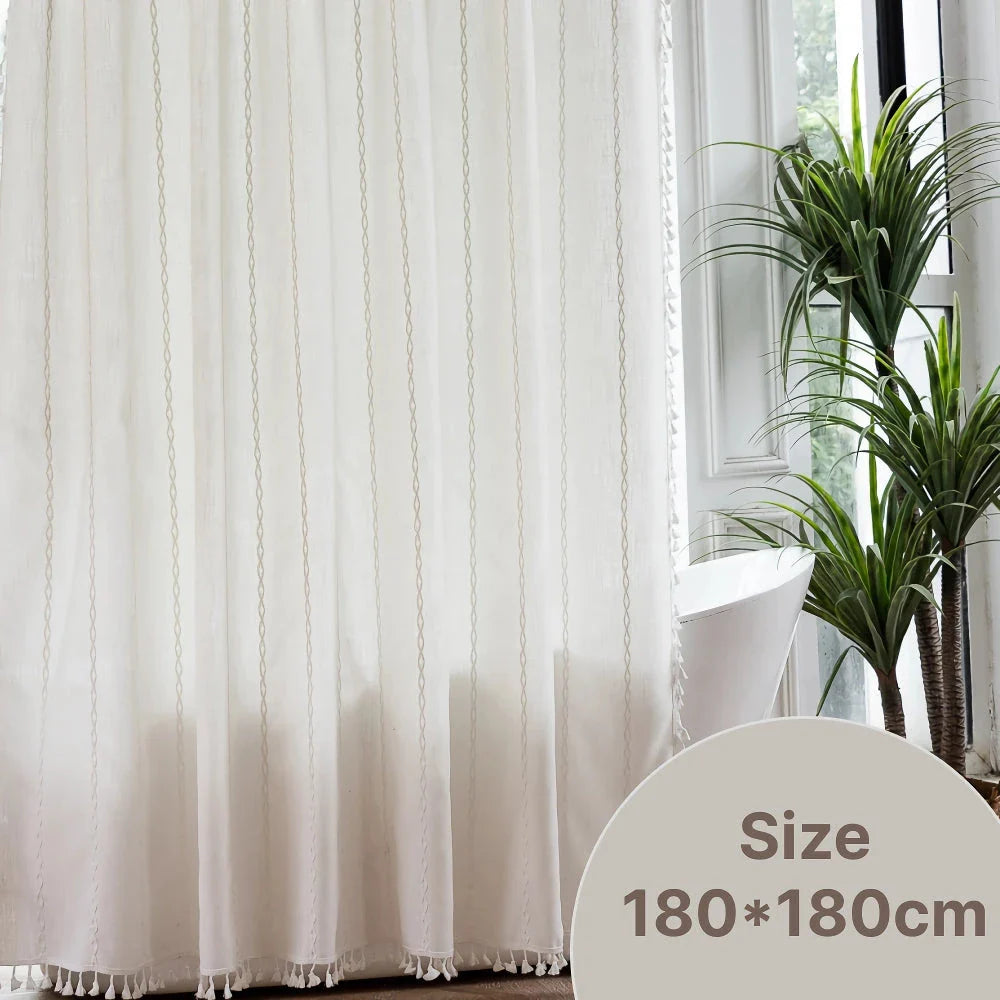 Elegant bohemian-style shower curtain with unique stitching design, perfect for creating a serene and stylish Kiwi bathroom atmosphere.