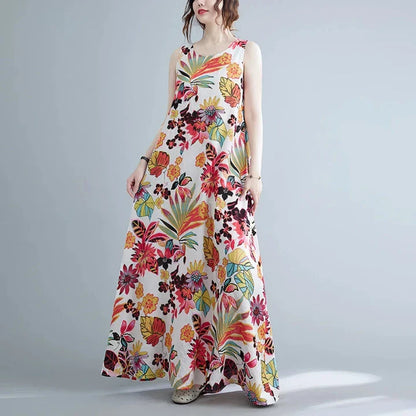 Elegant floral print cotton linen long dress with a classic O-neck and flattering A-line silhouette, perfect for Kiwi women's warm-weather style