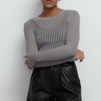 Stylish striped long sleeve see-through top for women in a flattering slim fit with a unique hollow-out decoration