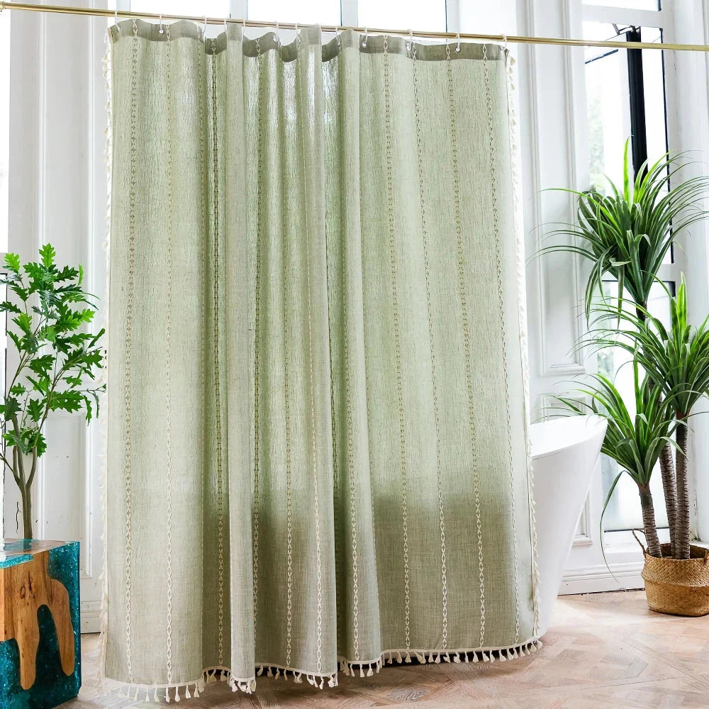 Elegant bohemian-style shower curtain with unique stitching design, perfect for creating a serene and stylish Kiwi bathroom atmosphere.