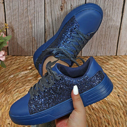 Stylish sequin sneakers for Kiwi women with thick soles and trendy lace-up design, available in various vibrant colours