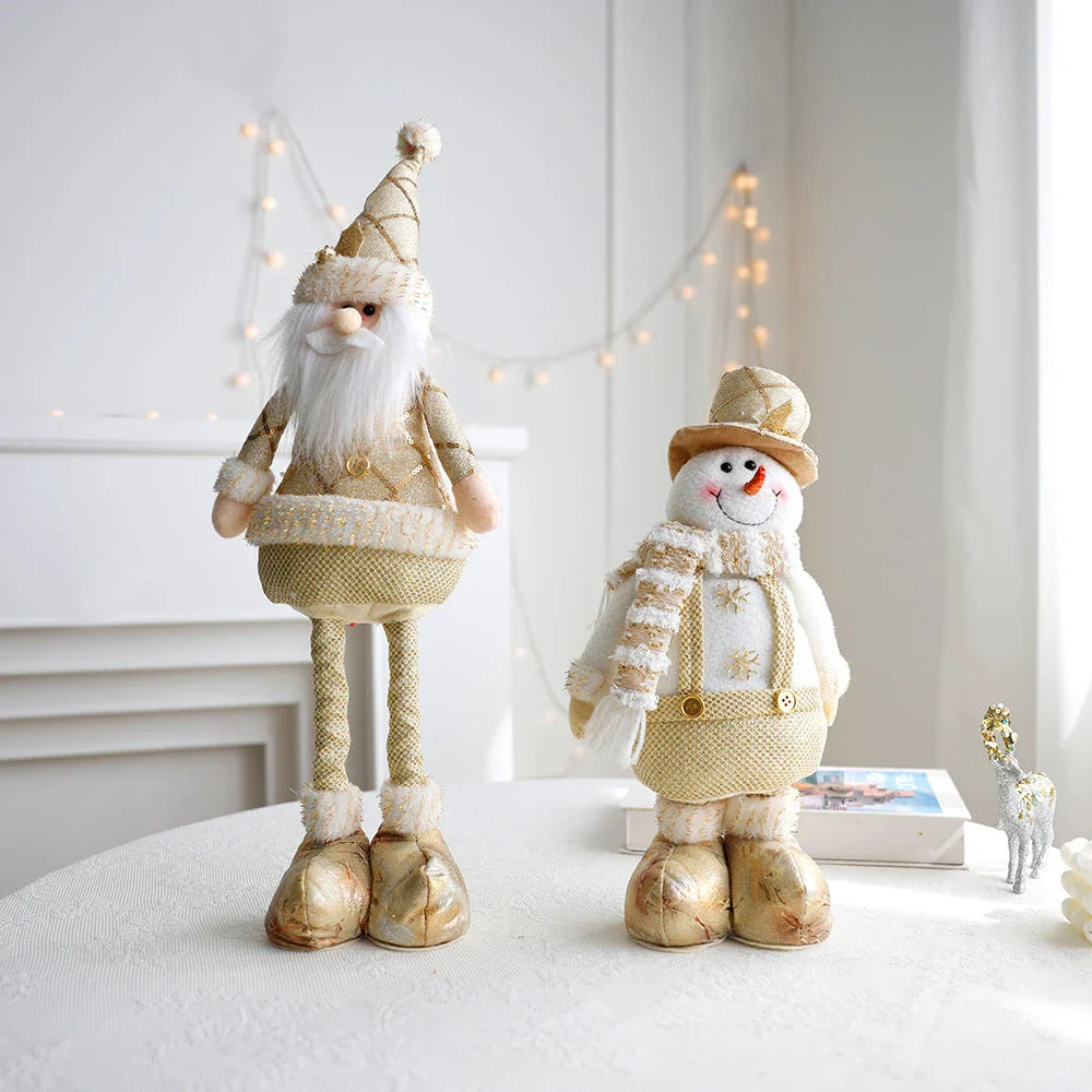 Retractable Christmas decorations featuring a snowman, reindeer, and elderly figure in a shimmering gold hue