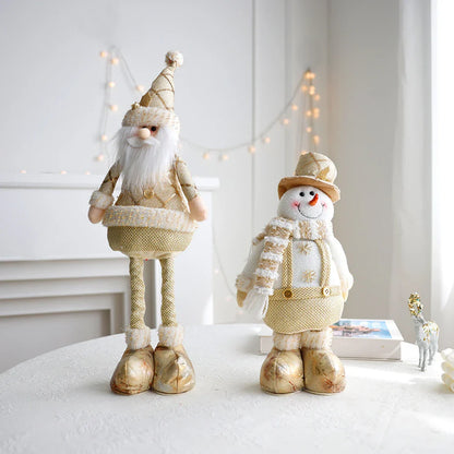 Retractable Christmas decorations featuring a snowman, reindeer, and elderly figure in a shimmering gold hue