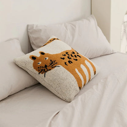 Cosy spot cat microfibre knitted cushion cover in soft beige, adding a playful touch to Kiwi living spaces.