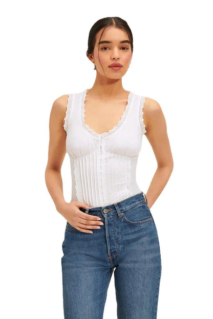 A stylish embroidered lace tank top with a sweet u-collar neckline, made from premium Kiwi-grown cotton.