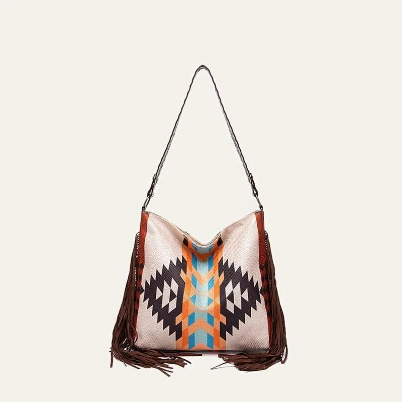 Stylish Bohemian canvas shoulder bag with colorful knitting and tassel details