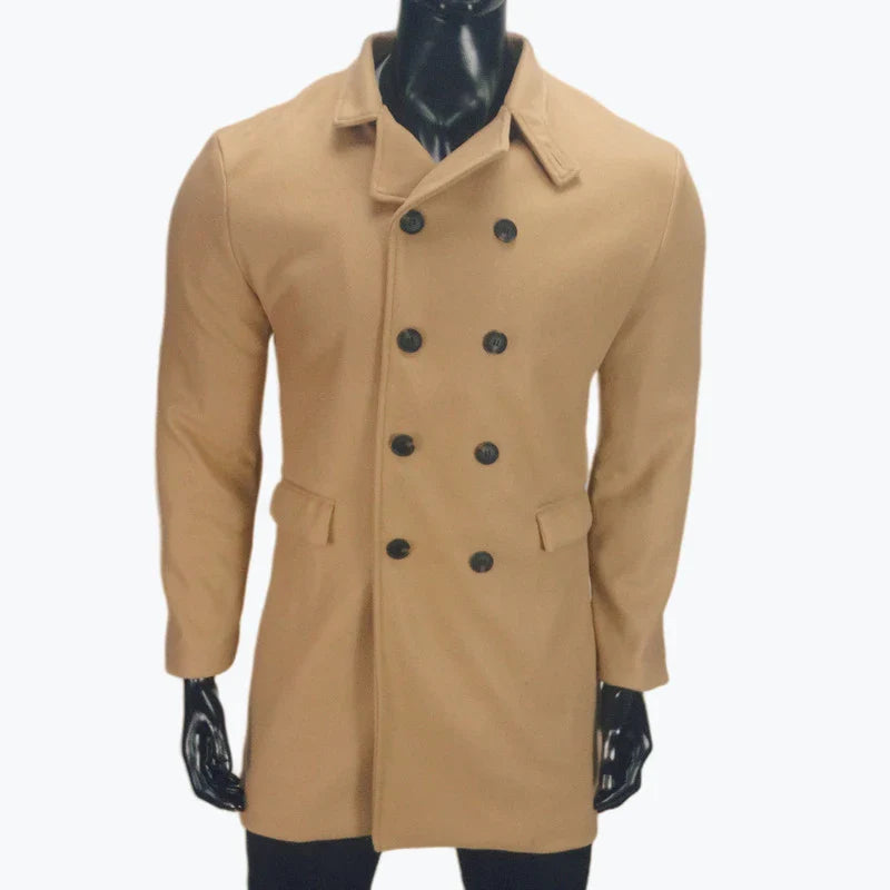 A stylish and warm wool coat for men, featuring a streamlined European-inspired design and practical side pockets.