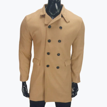 A stylish and warm wool coat for men, featuring a streamlined European-inspired design and practical side pockets.