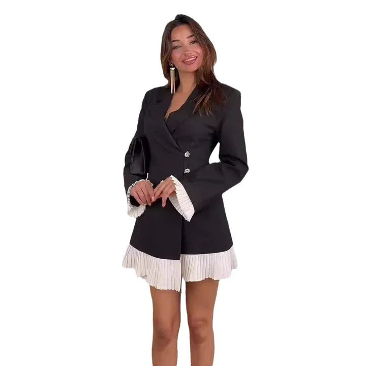 Stylish patchwork ruffled dress jacket made with sustainable viscose fibres, suitable for casual or smart-casual wear in New Zealand