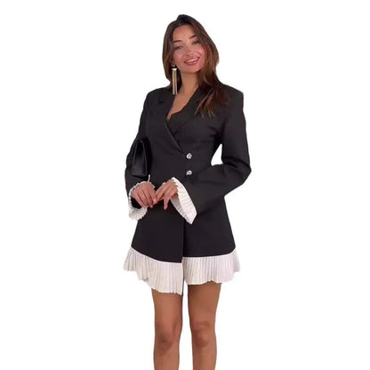 Stylish patchwork ruffled dress jacket made with sustainable viscose fibres, suitable for casual or smart-casual wear in New Zealand